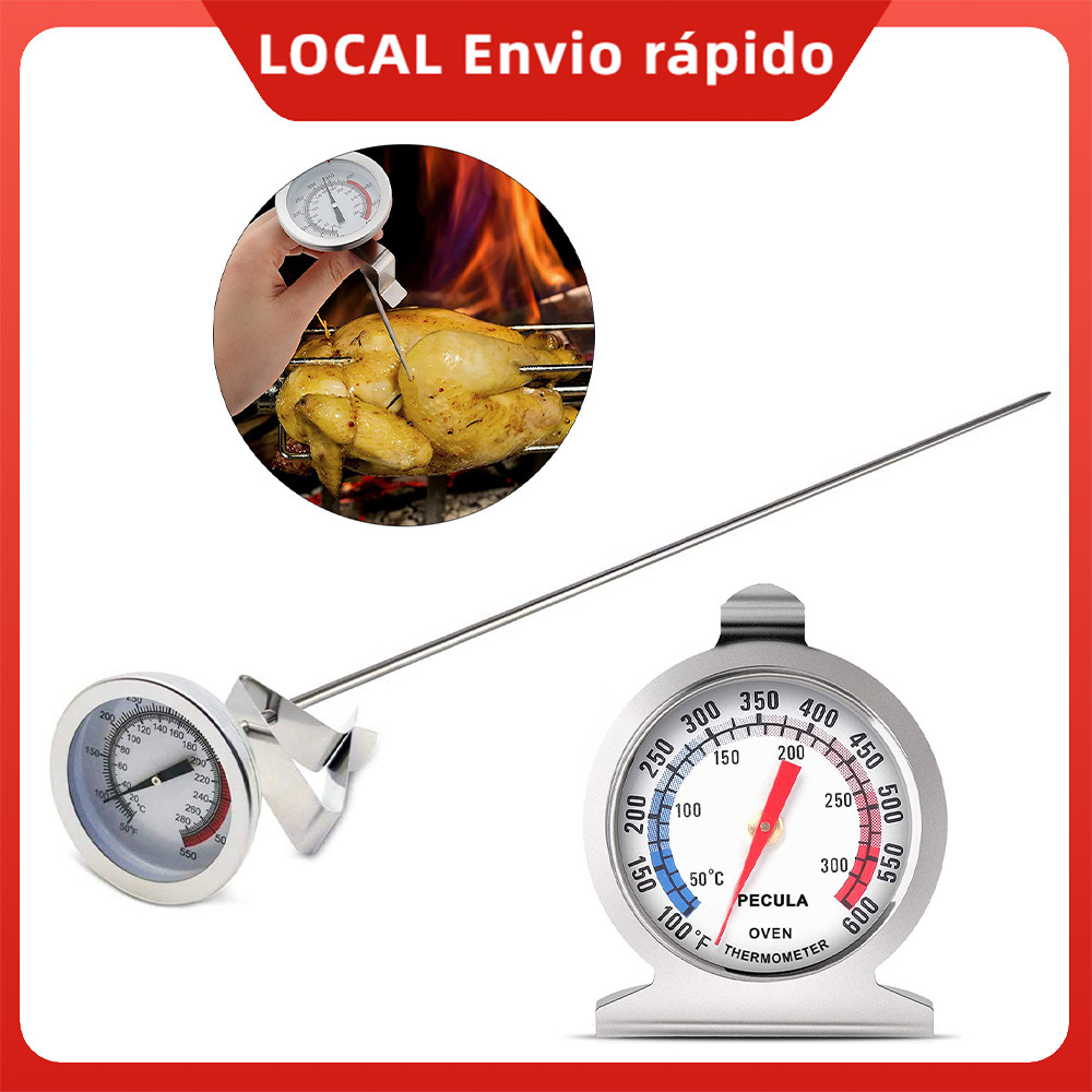 Kit 2 Termômetros Aço Inox Óleo 50-300°C 30cm Forno 0-300°C Precisão Alta Churrasqueira Defumador
