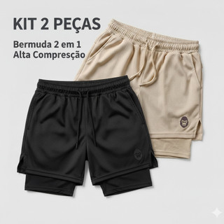 Kit 2 Bermudas Shorts Masculino Kong 2 em 1 Com Forro Térmico e Bolso Celular Academia Co…