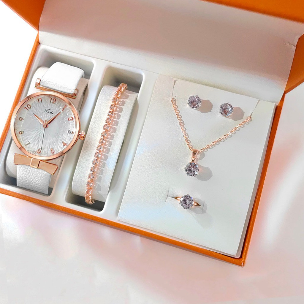 Conjunto de Relógios Femininos de Moda, Pulseira, Colar, Brincos, Anel, Relógio de Pulso Casual de Couro com Flores, Pre