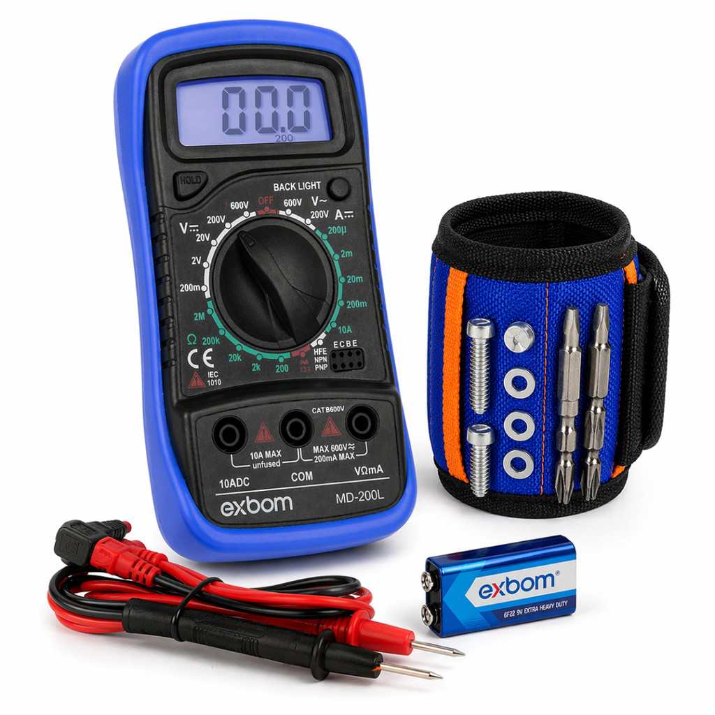 Multimetro Digital Profissional  + Pulseira Magnética segura parafuso Prego Exbom