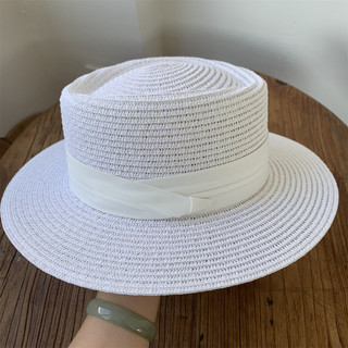 Chapéu branco puro francês feminino verão chapéu de palha plana chapéu de sol chapéu panamá aba larga chapéu de praia