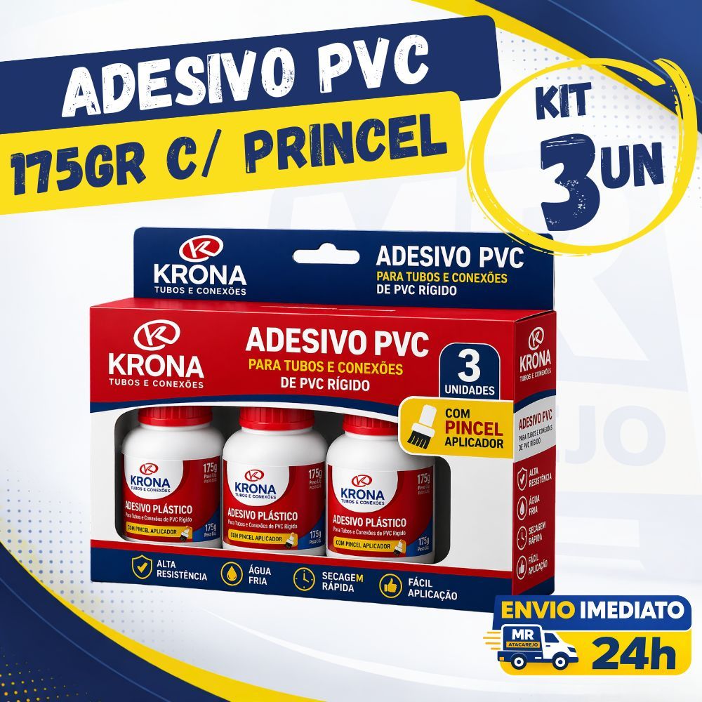Kit 3 Adesivo PVC Krona 175g com Pincel Aplicador Cola Tubo Cano Conexão Alta Fixação Secagem Rápida