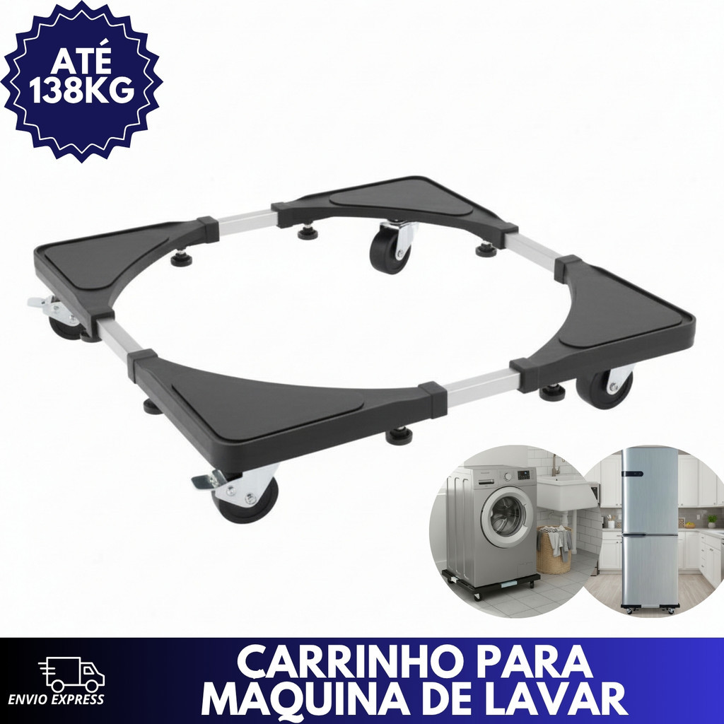 Carrinho Suporte Ajustável 138 kg p/ Geladeira Fogão Máquina Lavar c/ Rodinhas Freio Alumínio