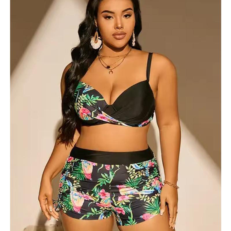 Tankini maiô gordo de tamanho grande, biquíni feminino de peito grande, conjunto de biquíni com estampa tropical, conjun