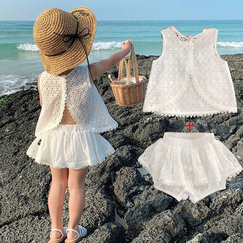 Meninas bebê pequeno doce oco sem costas terno verão bebê moda colete Shorts terno de duas peças estilingue roupas
