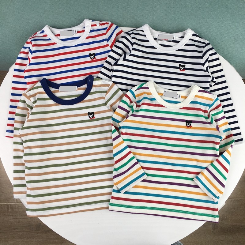 90-140 crianças listrado manga comprida camiseta puro algodão estilo fino masculino feminino bebê primavera outono topo 