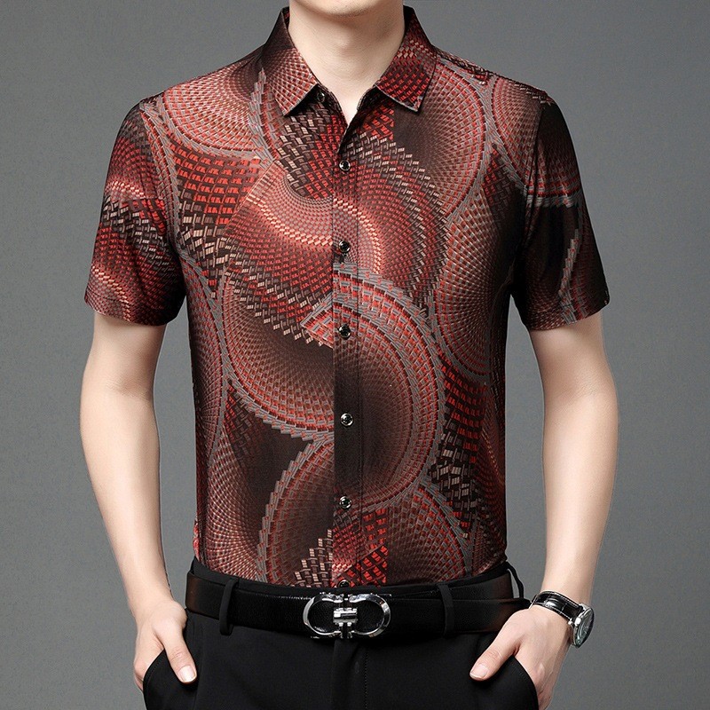 [Novo produto] Camisa masculina de manga curta elegante estampada camisa masculina de meia-idade fina camisa de meia man