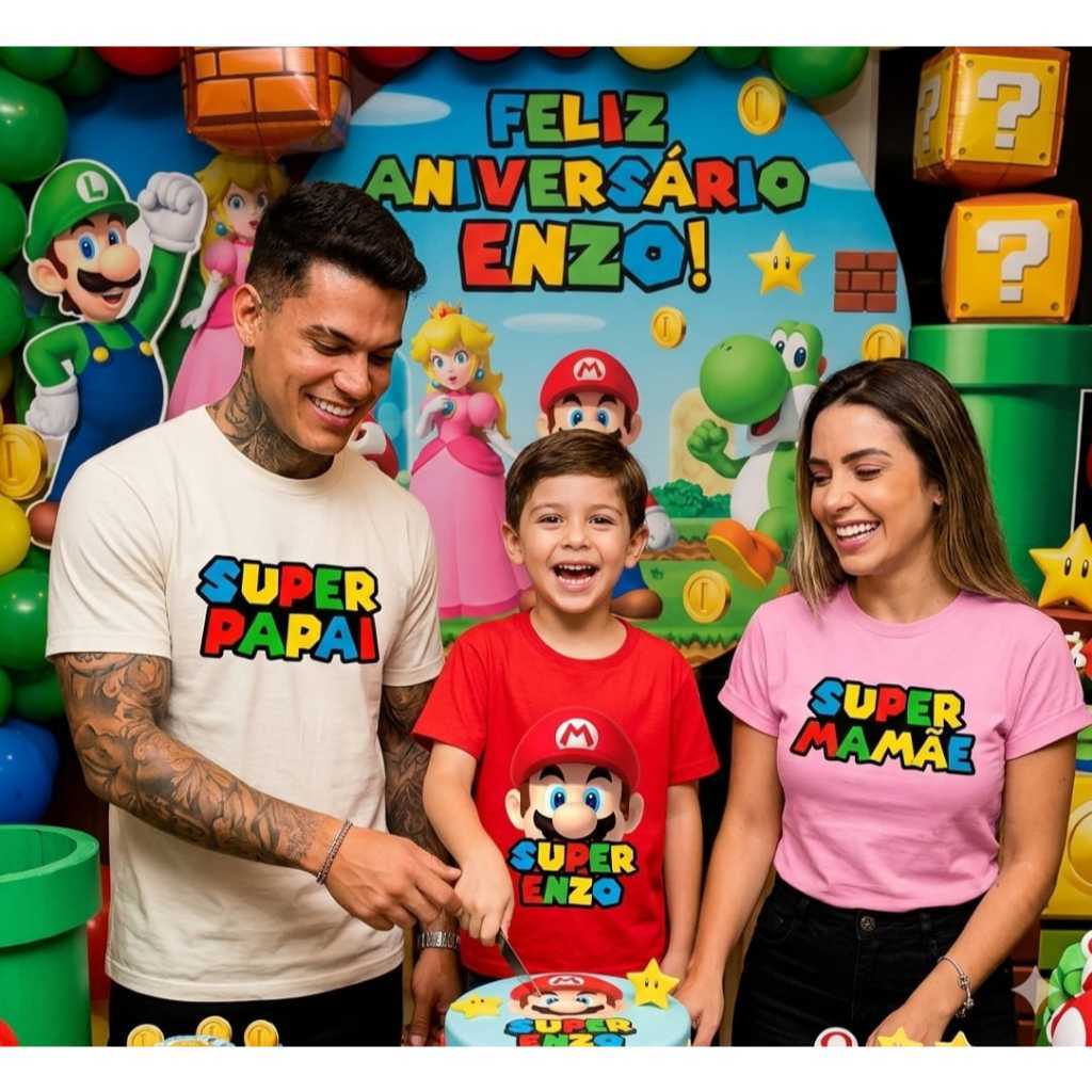 Kit 2ou3 camisetas-familia MARIO PERSONALIZADO festa aniversário super mario super papai super mamãe