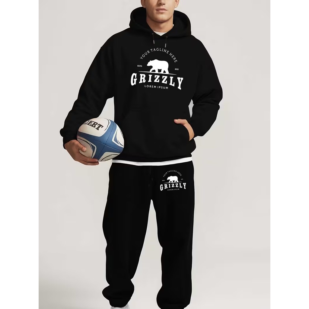 Conjunto Moletom Masculino Grizzly Blusa De Frio Canguru Bolso e Capuz + Calça Moletom Estampados Unissex Outono/Inverno