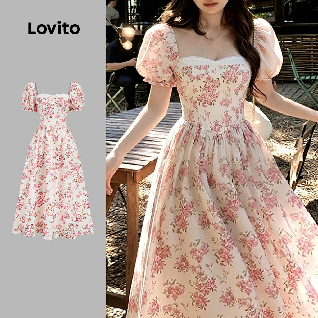 Lovito Vestido Casual com Padrão de Renda Drapeado Vestido de Primavera/verão para mulheres Bordado L191AD089