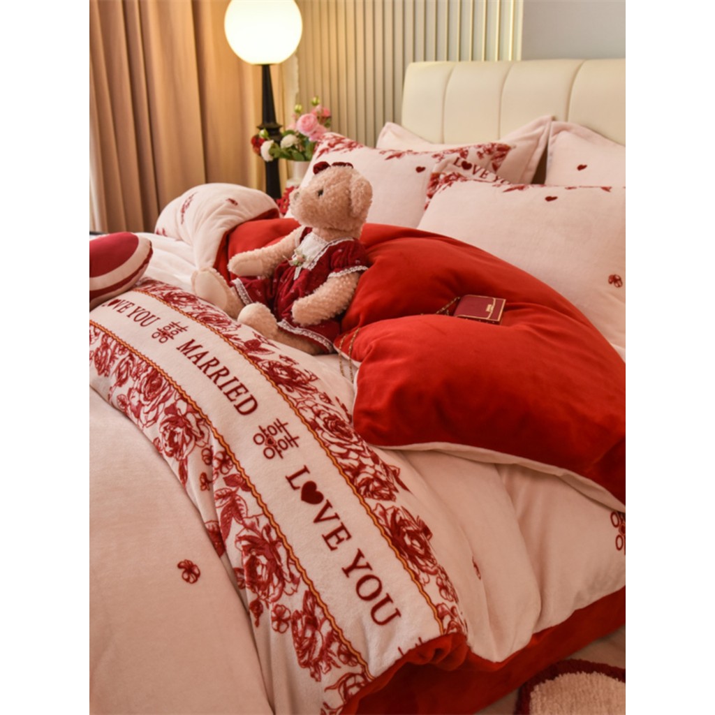 Engrossado quente casamento leite veludo conjunto de quatro peças conjunto de casamento flanela Coral veludo colcha capa