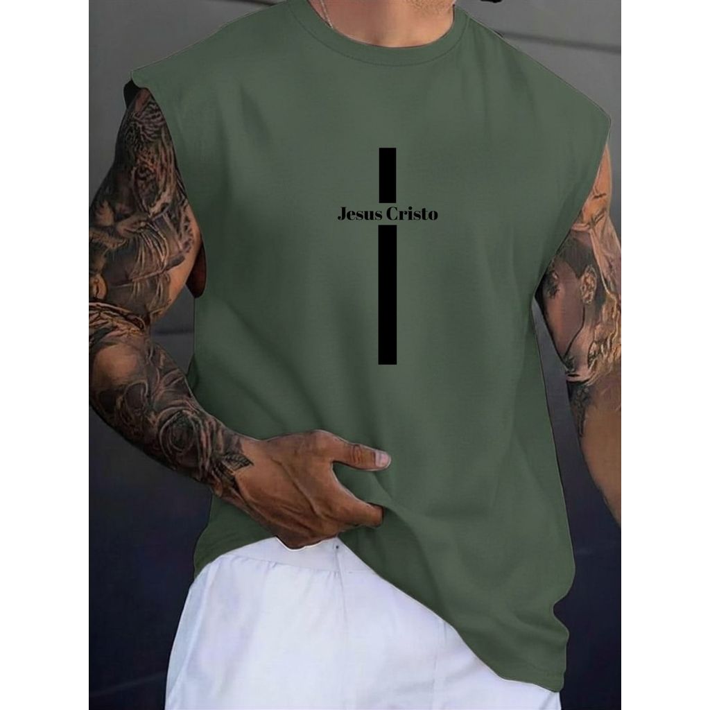 Regata Machão Masculina Jesus Cristo Camiseta Cavada 100% Algodão Streetwear Religiosa Cristã