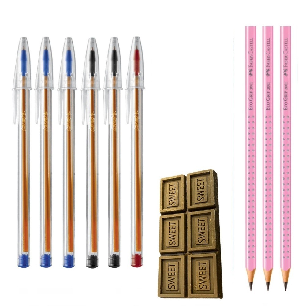 Kit Escolar 3 Lapis Faber 2b s/borracha 1 Borracha e 6 Canetas Bic Fina