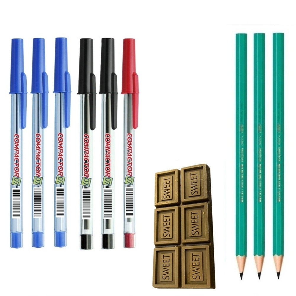 Kit Escolar 3 Lapis Bic s/borracha 1 Borracha e 6 Canetas Compactor 07