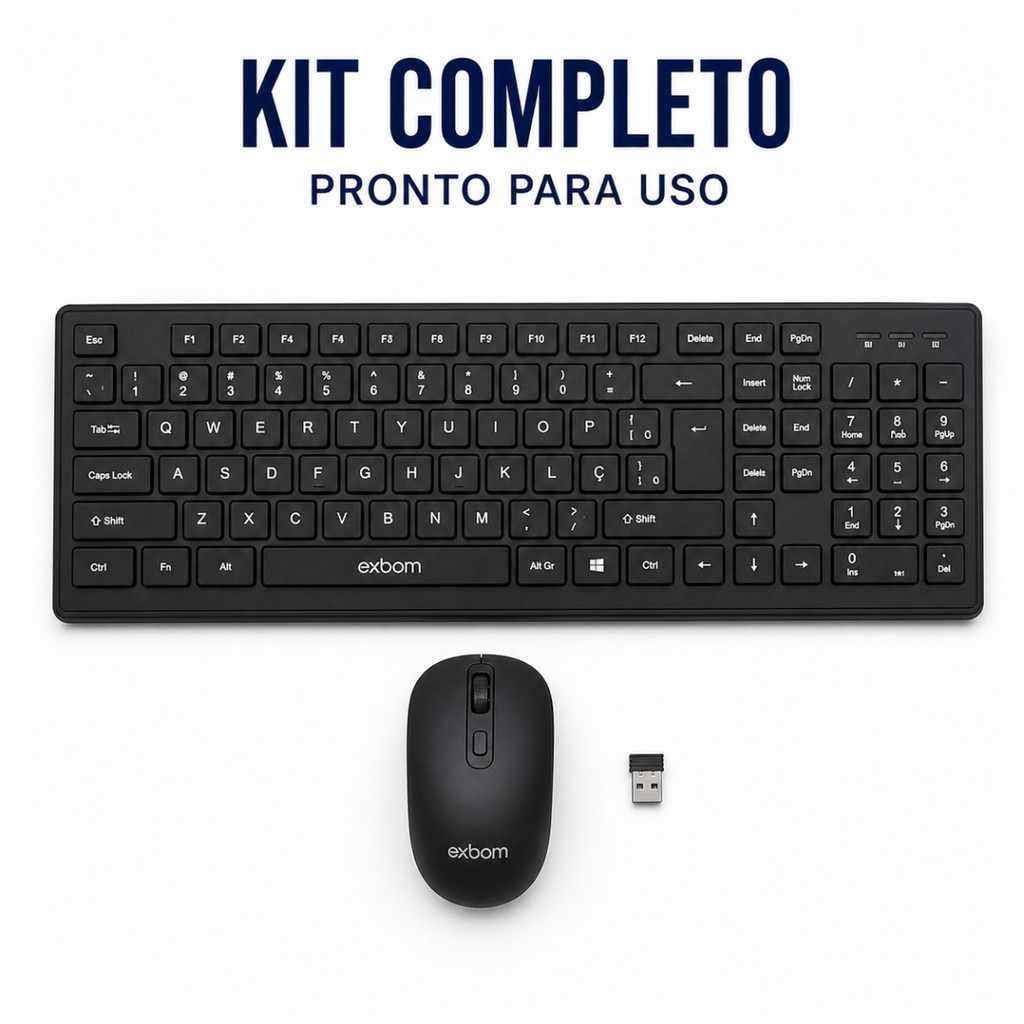 Exbom Teclado Sem Fio Preto Slim ABNT2 Silencioso  Mouse Ergonômico com Pilha Ho