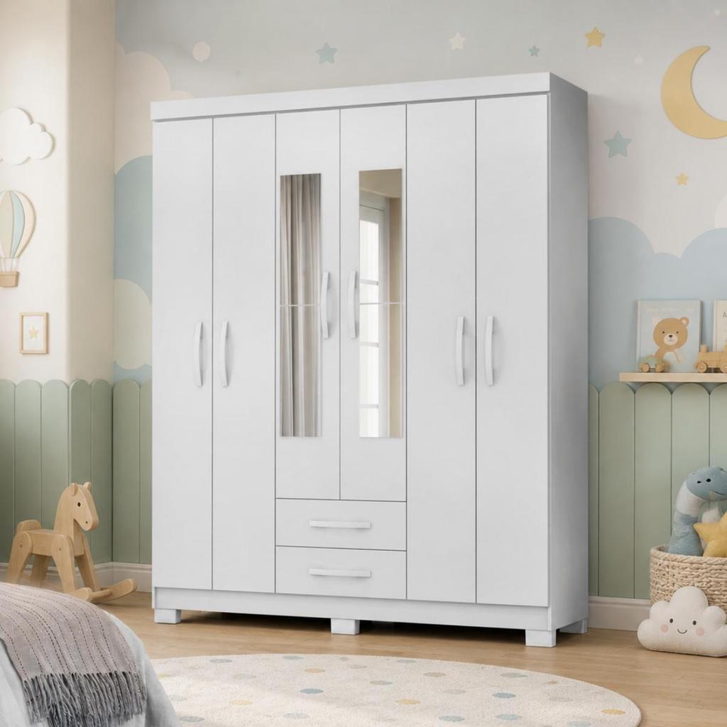 Guarda Roupa Infantil Encanto com Espelho 6 Portas 2 Gavetas Organizacao Funcional para Roupas e Acessorios