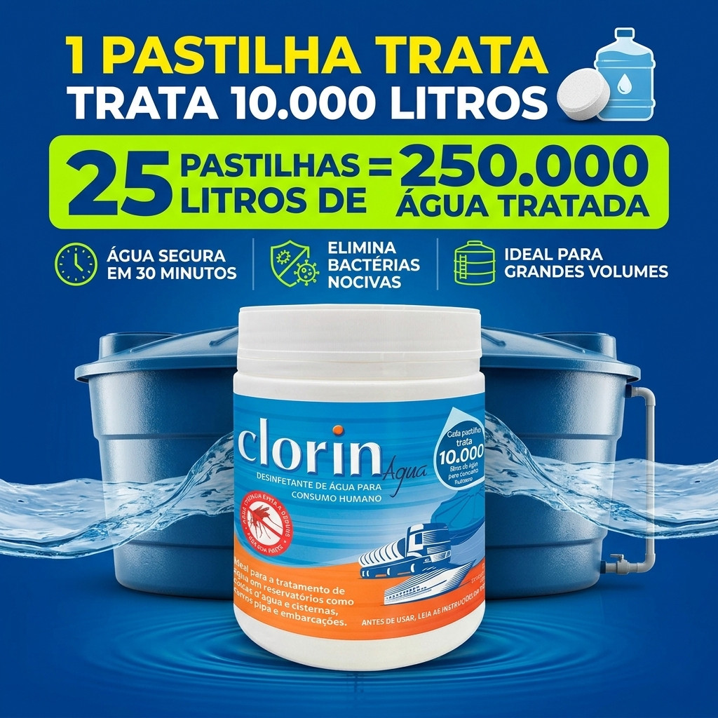 Clorin 10.000 Pote 25 Pastilhas para Cisterna Caixa Dagua Reservatórios
