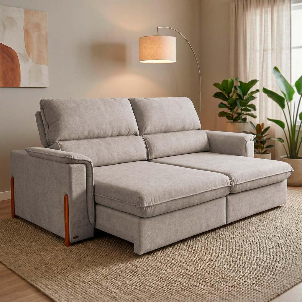 Sofá Retrátil Reclinável Linea 2,50m Linho Bouclê Bege Duplo Molejo - King House