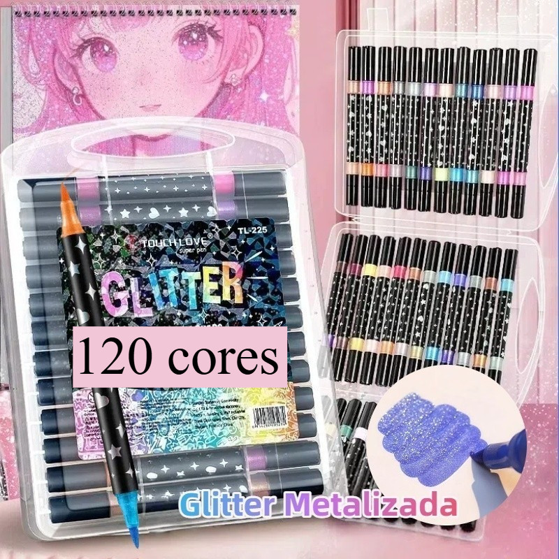 Marcador Glitter 120 Cores Metálico Cabeça de Ponta Dupla Brilhante Caneta Colorir