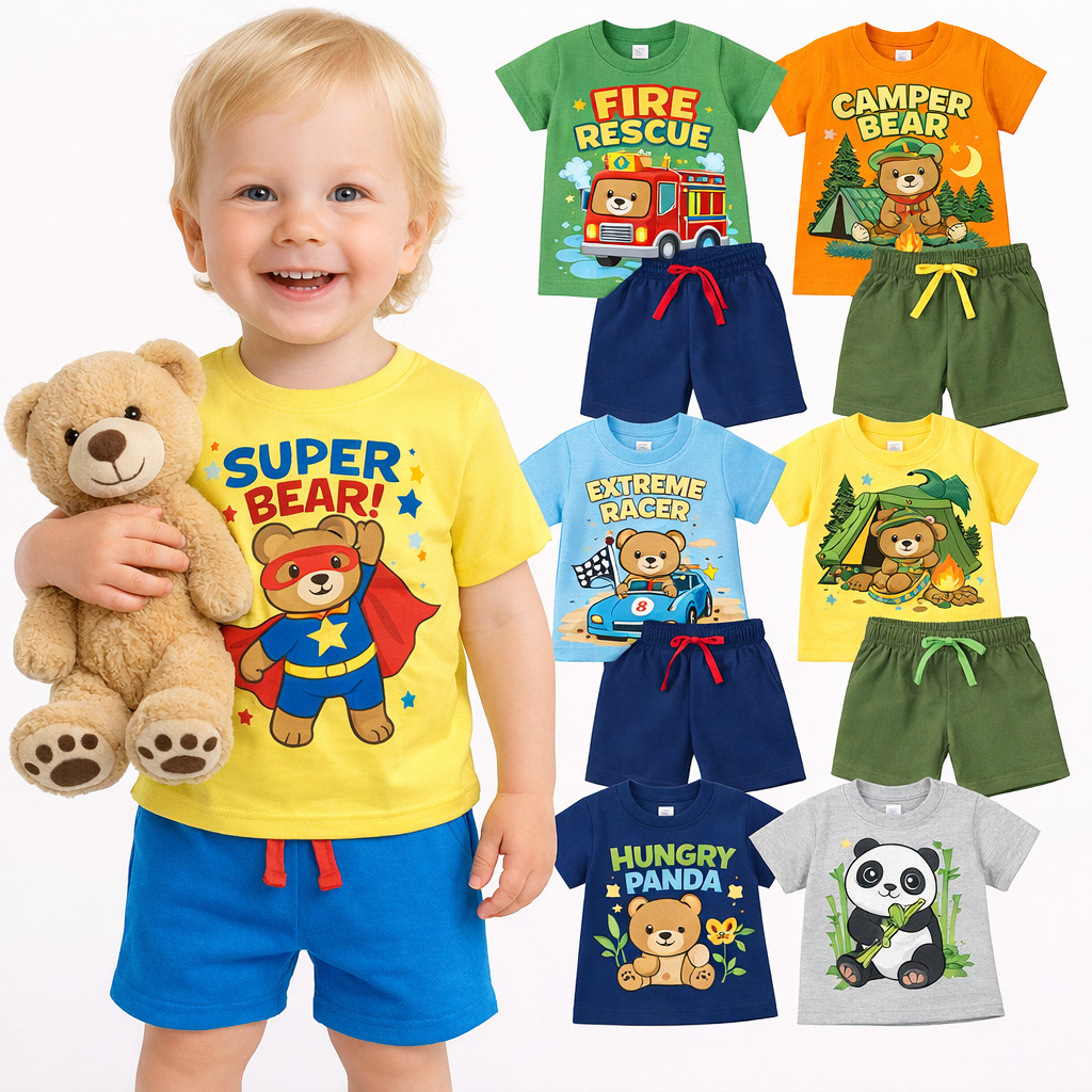 Kit Sortido 4 Peças Conjunto Infantil Masculino Verão Menino Camiseta e Short Roupa Leve Confortável Conjunto de Bebê