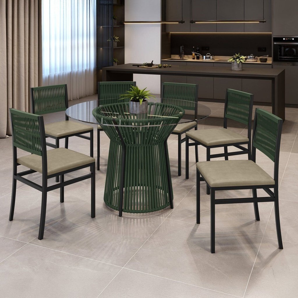 Conjunto Sala de Jantar 6 Lugares Redonda Tampo de Vidro 120cm Mesa Valência com Cadeiras Barcelona Verde/Pérola