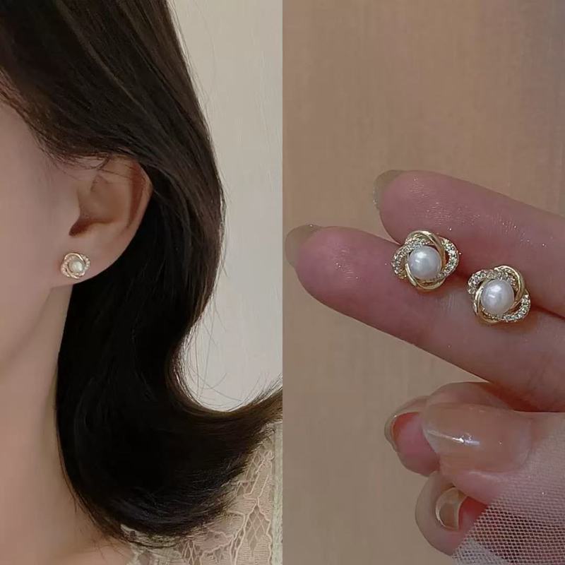 Brincos estilo All-Match flor cheia de diamante pérola brincos Retro francês elegante High-End requintado simples brinco
