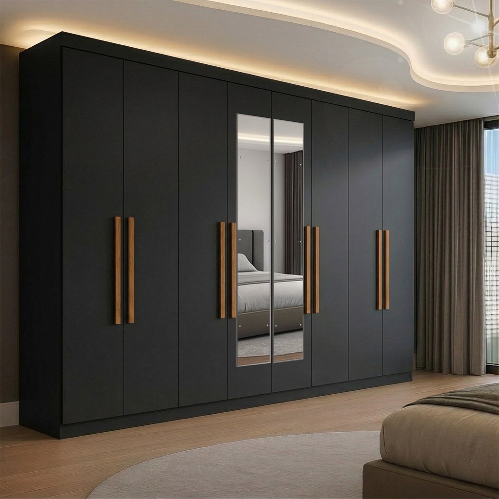 Guarda-Roupa Casal com Espelho 8 Portas 4 Gavetas Paris Preto Preto