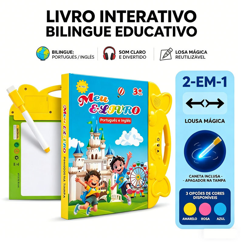 Livro Interativo Sonoro Bilíngue Infantil + Lousa Mágica | Aprenda Brincando 3+ Anos
