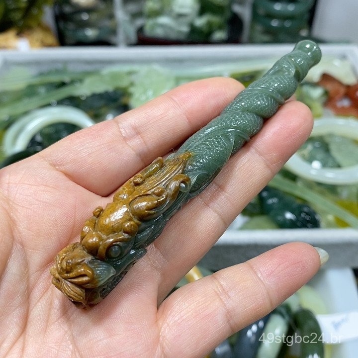 Jade Natural do Rio Xiuyu, Cabeça de Dragão, Verde, Jade Ximu, Dragão Enrolado