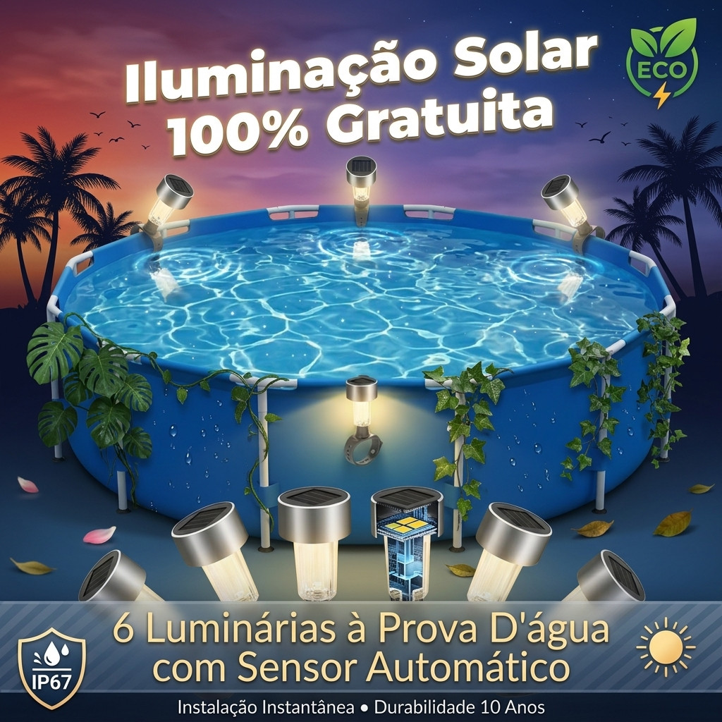 6 Luminárias Solares LED Decorativas para Piscina, Deck e Jardim: À Prova D'água com Sensor Crepuscular - Kit Completo
