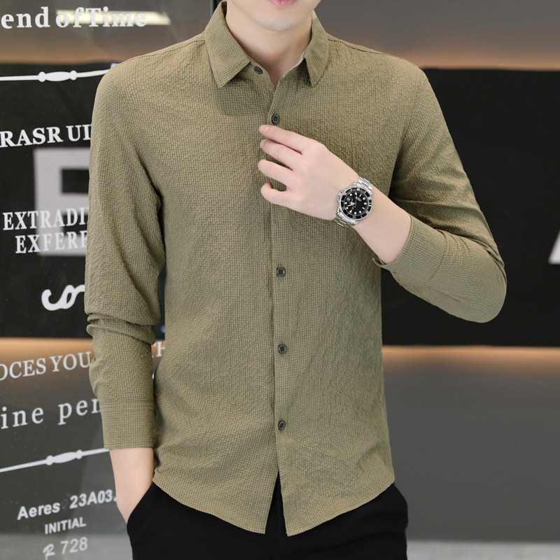 Outono camisa de manga comprida masculina fino ajuste na moda bonito Casual negócios camisa masculina cor sólida roupas 