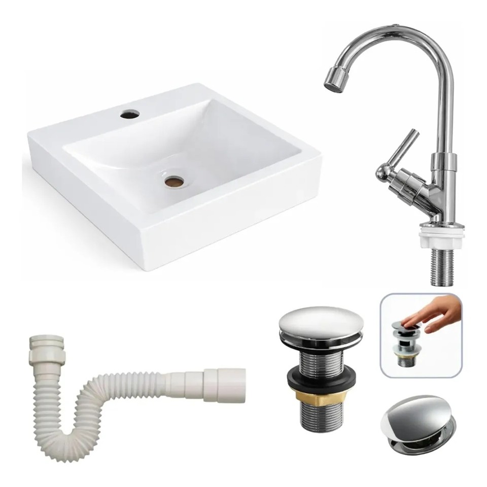 Kit Cuba Sobrepor Banheiro Quadrada 30x32 com Torneira, Válvula e Sifão