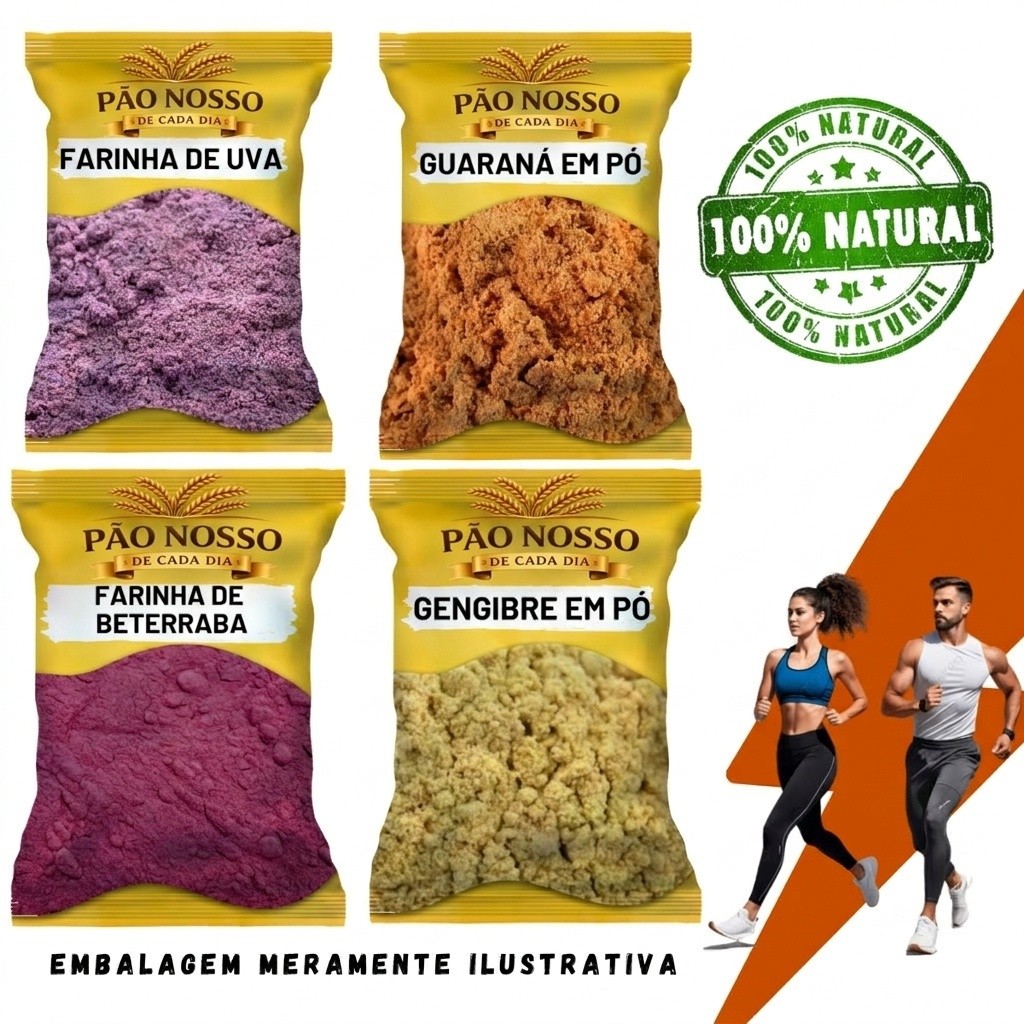 Combo Pré Treino Natural Farinha De beterraba + Farinha de uva + Guarana Em Pó + Gengibre Em Pó (100GR DE CADA)