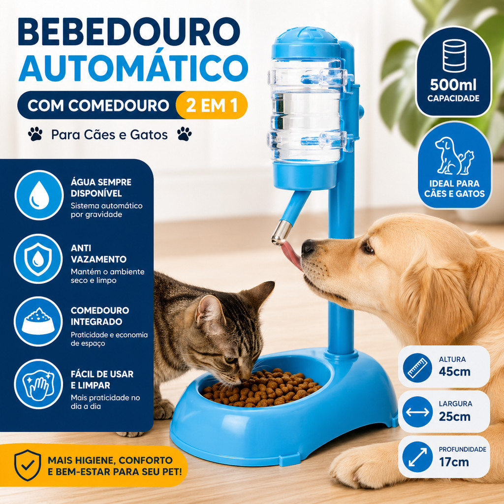 Bebedouro Automático com Comedouro Pet 2 em 1 para Cães e Gatos Antivazamento Água por Gravidade
