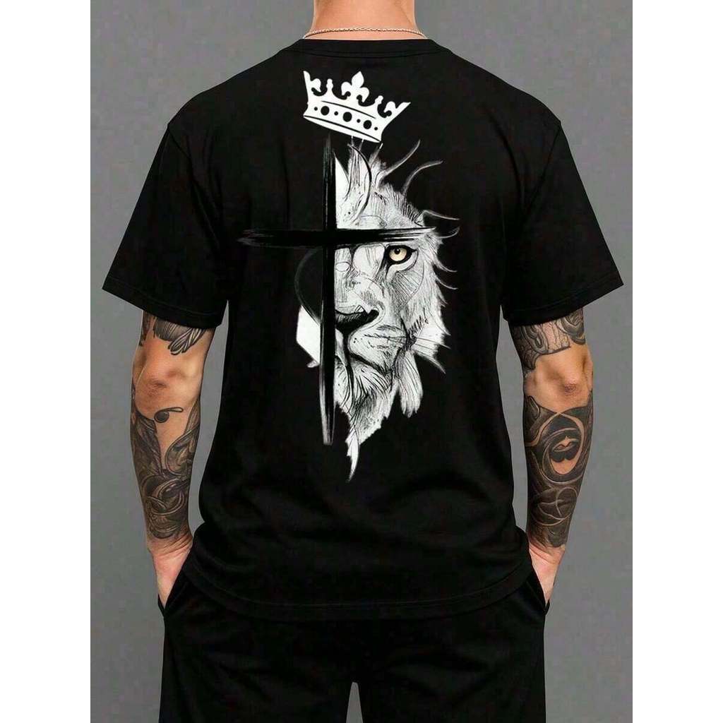 Camiseta Masculina Leão Cruz Coroa Religiosa 100% Algodão Confortável Estampada Camisa Varias Cores