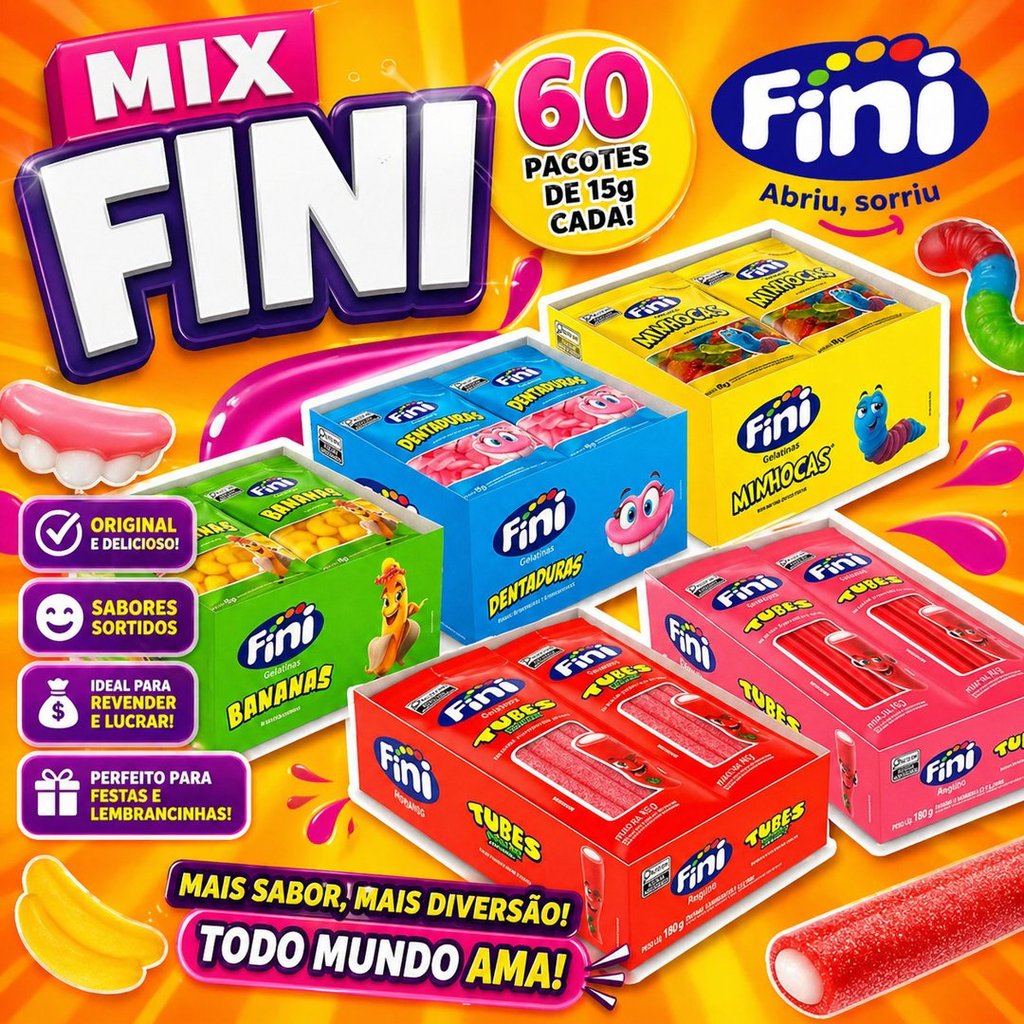 Kit 60 Bala Fini 15g Sortida Original | Mix Gelatina Azedinha/Doce | Revenda Atacado Barato