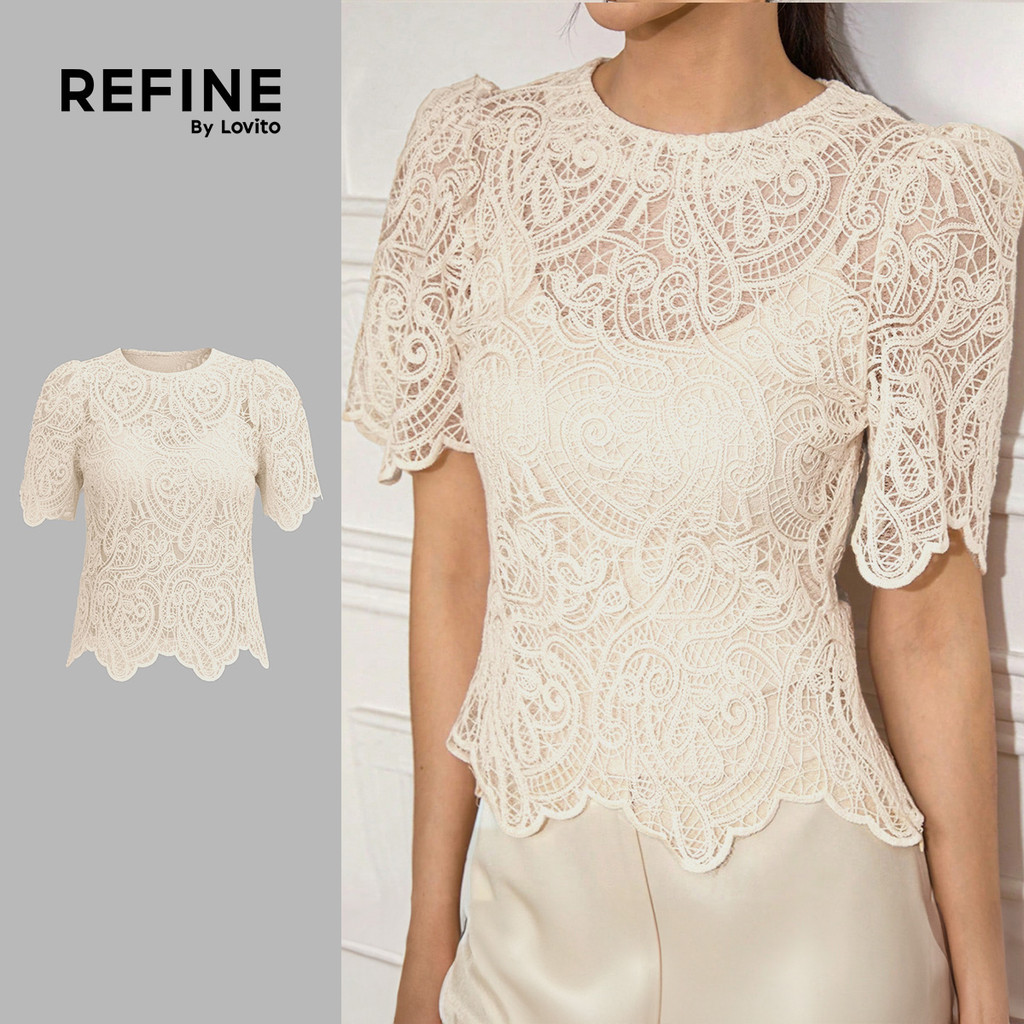 (Refine by Lovito) Blusa Elegante de Renda com Botão Branca Primavera/verão para Mulheres Bordado LR35L014
