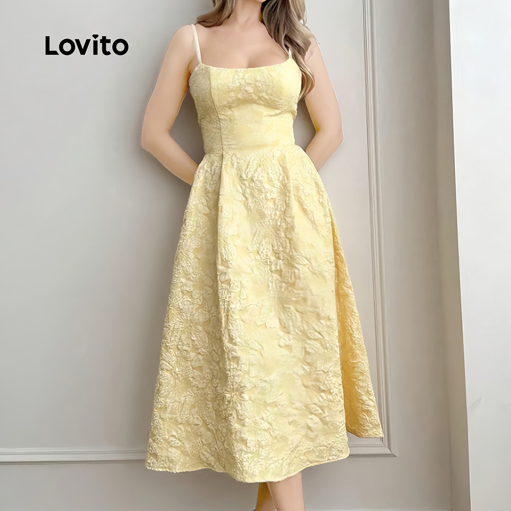 Lovito Midi Vestido Elegante Jacquard com Linhas Estruturadas Zíper Primavera/verão Amarelo Claro LK5AD232 · foto 2