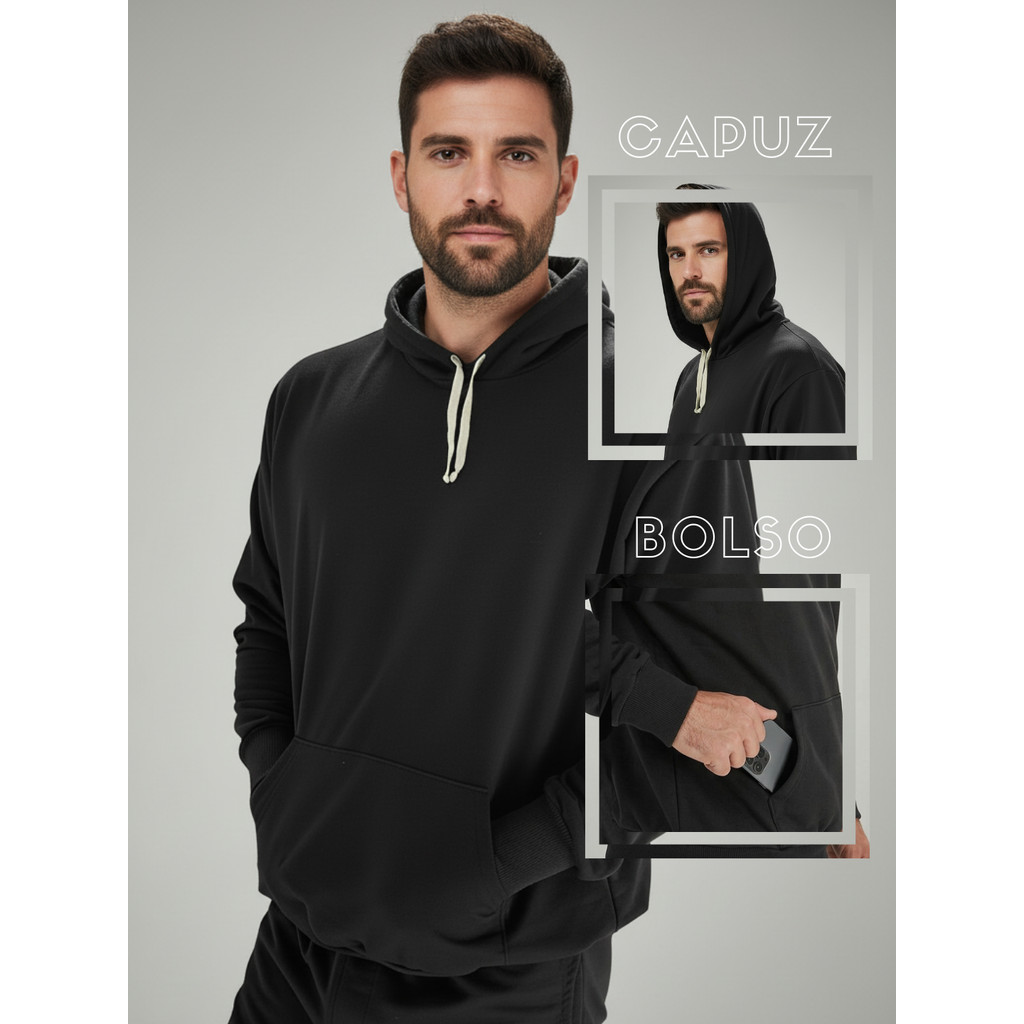 Casaco de Moletom Liso Masculino e Feminino com Capuz e Bolso Canguru
