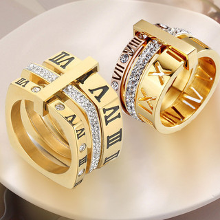 Anel de aço de titânio quadrado/redondo moda feminina anel masculino diamante banhado a ouro romano oco anel de diamante