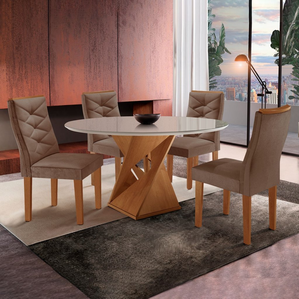 Conjunto Mesa Redonda com Vidro e 4 Cadeiras Tampo Barcelona Yescasa Cinamomo/Off White/Suede Animale