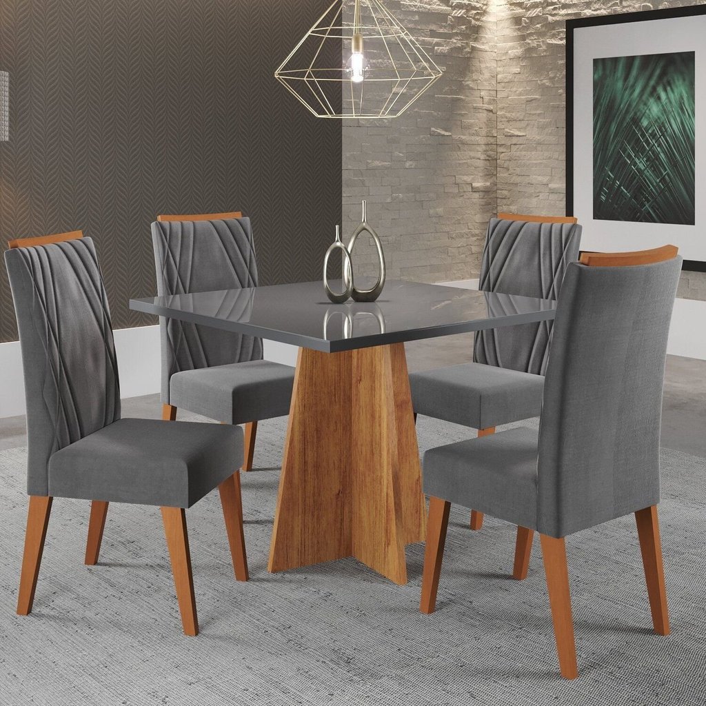 Mesa de Jantar Quadrada Decora com Vidro 90x90 e 4 Cadeiras Vegas em Madeira Maciça Yescasa Cinza/Mel/Grafite Cinza