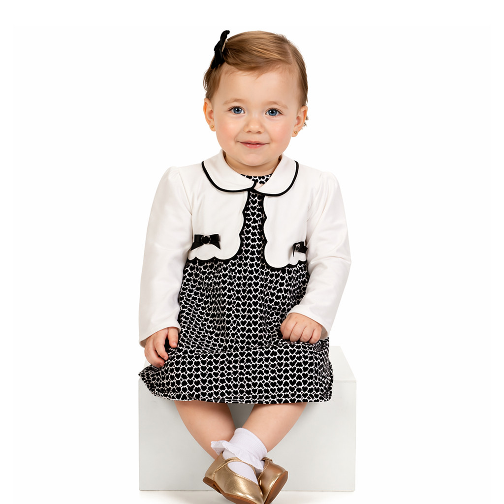 Conjunto Bebê Vestido Body Preto e Branco e Casaquinho Off-White Milon