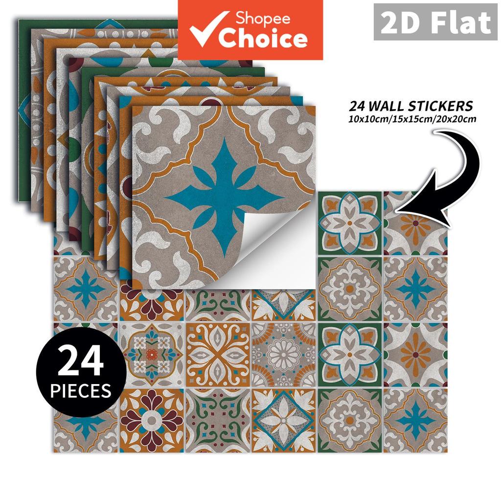 Adesivo Autocolante de Azulejo Vintage para Decoração de Parede com Borda, Design Estético para Ambiente, Kit com 24