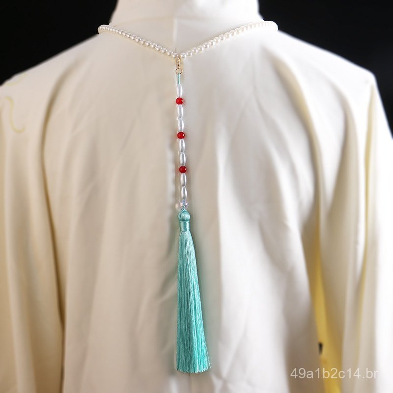 Colar longo de imitação de pérolas em estilo antigo com detalhes em esmalte azul e jade, colar Hanfu com longas franjas,