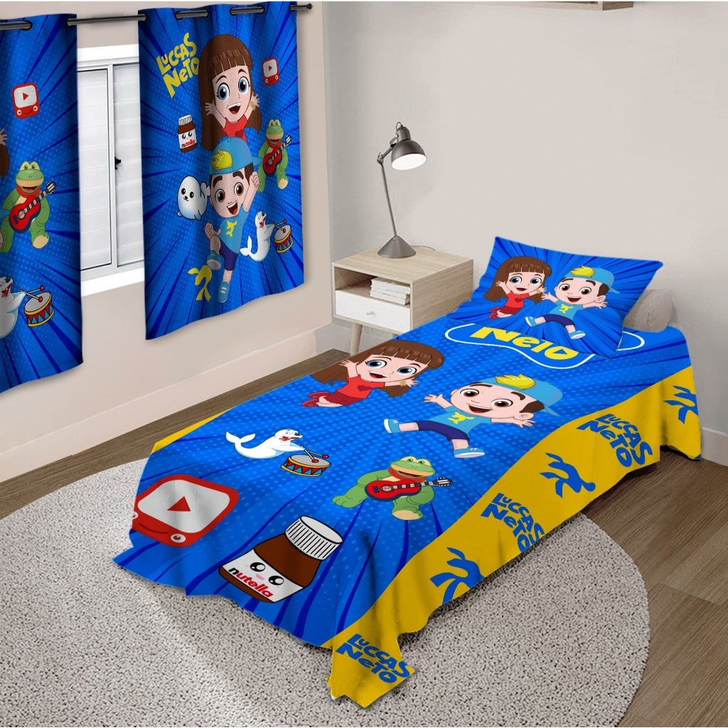 Kit Jogo de Quarto Infantil Cortina Jogo Lençol Cobre Leito Tema Infantil Lucas Luccas Netoo Azul | Entrega rápida