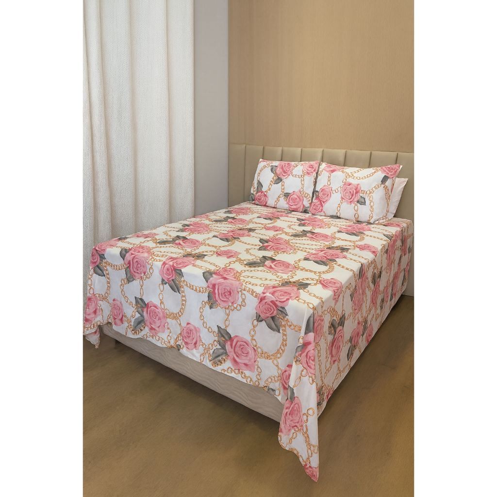 Jogo de Lençol Cama Queen Estampado 3pç S/Elástico Micropercal 500 Fios Toque Macio de Algodão