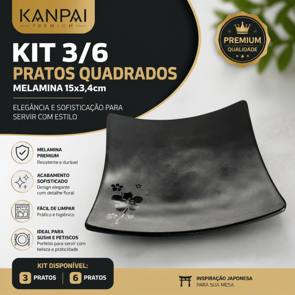Kit 3/6 Prato Quadrado Melamina 15x3,4cm Kanpai Premium - Bestfer / Mesa Servir Sushi Japones Cozinha Louca Elegante