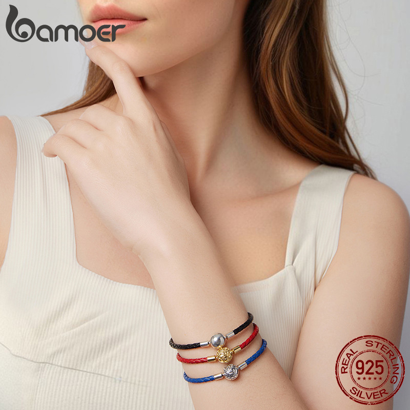 Pulseira De Prata Esterlina 925 Bamoer Com Fivela Redonda De Couro Básico 17 19 Cm Joias Presentes Para Mulheres