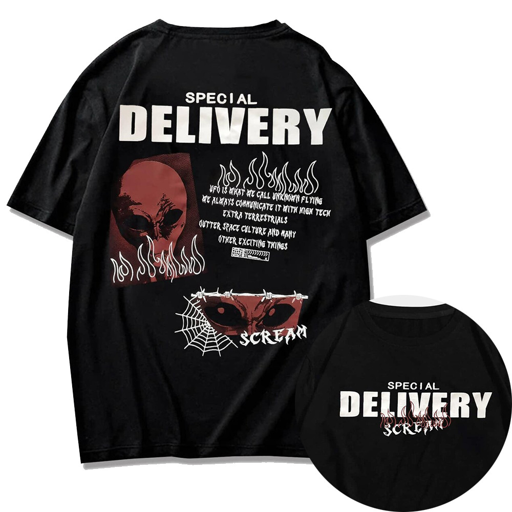 Camiseta Masculina Feminina Estampa "Special Delivery" Alien Dupla Face T-shirt Unissex Streetwear UFO Envio Imediato